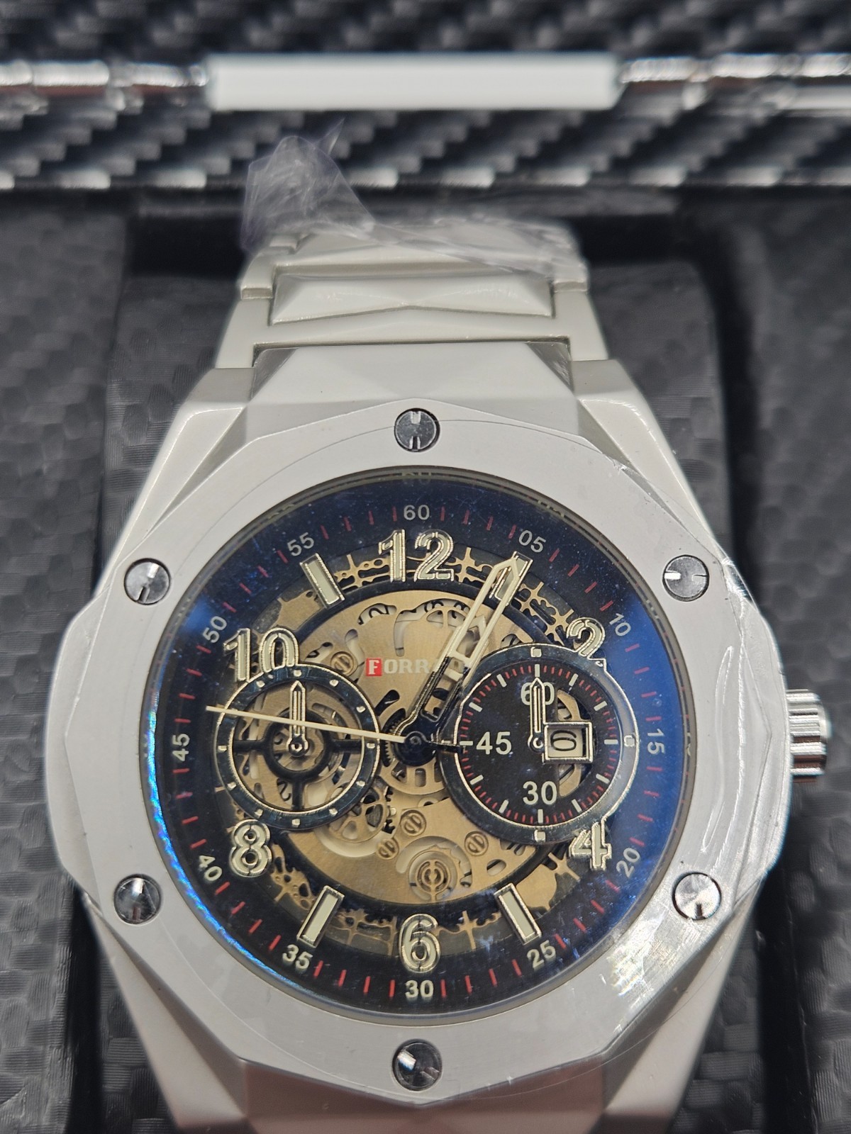 Men’s Stainless Steel Skeleton Automatic Watch – Brushed Finish – New in Box