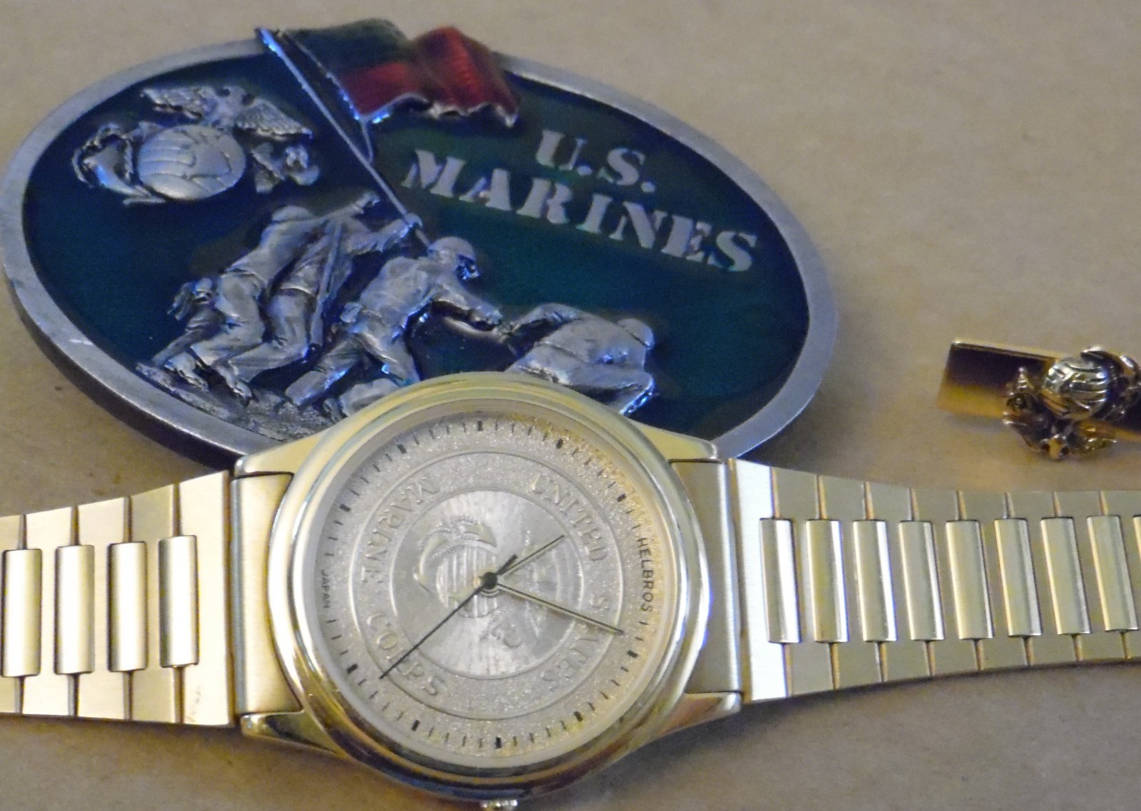 Vintage Helbros United States Marine Corps Gold-Tone Watch + BELT BUCKLE + CLIP