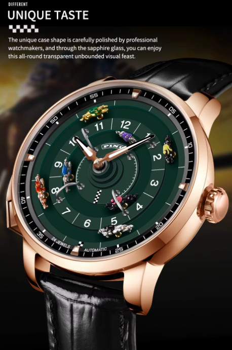 PINDU Men’s Automatic Watch Horse Racing Track Rotating 46mm Watch Gold Case