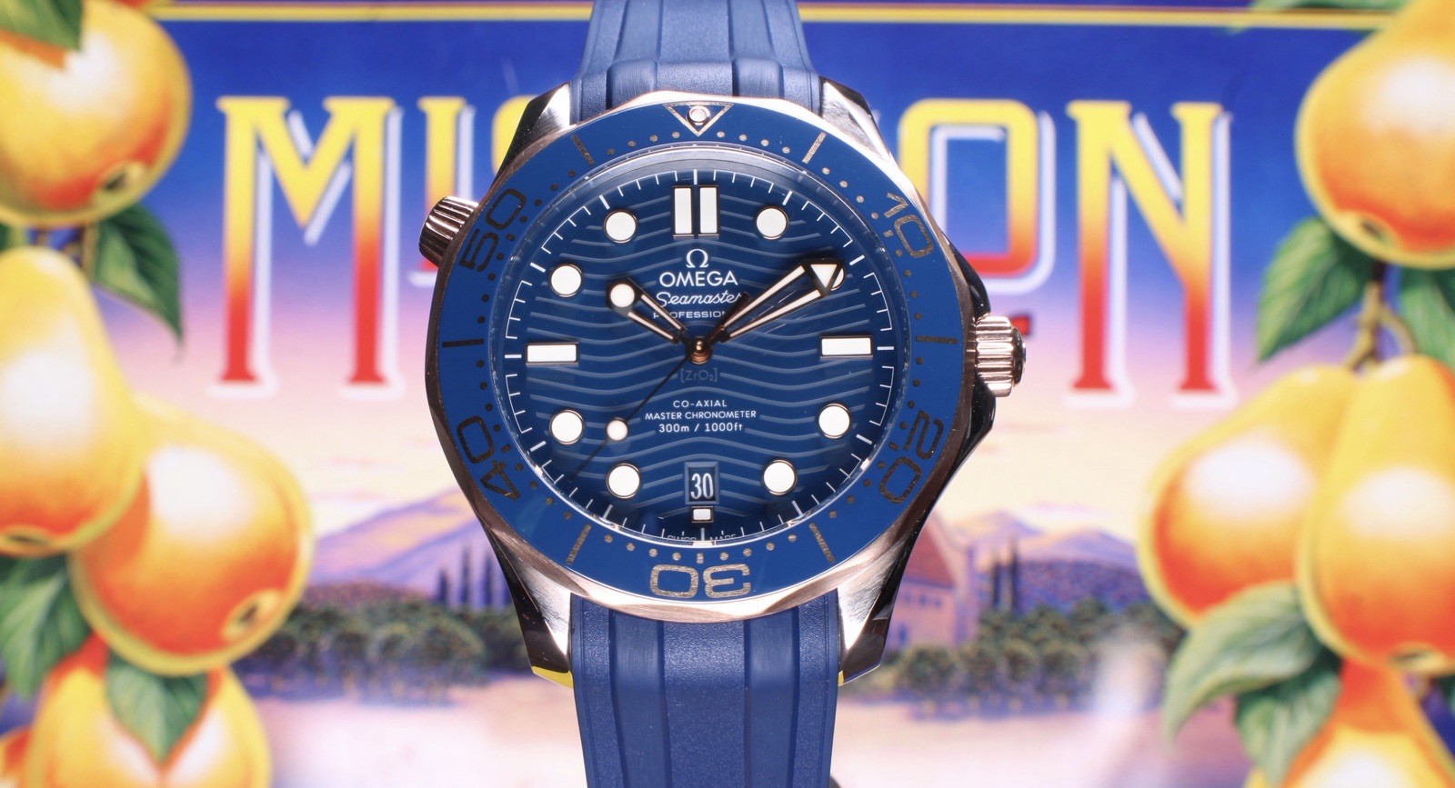 Omega Seamaster 300M Blue Wave Dial Sedna Gold Ceramic Bezel 210.22.42.20.03.002