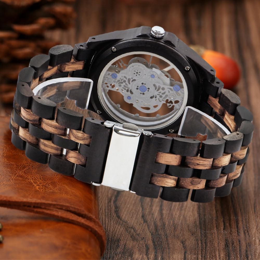Dentily Men’s Hollow Analog Wooden Watch Retro Gear Carving black&brown