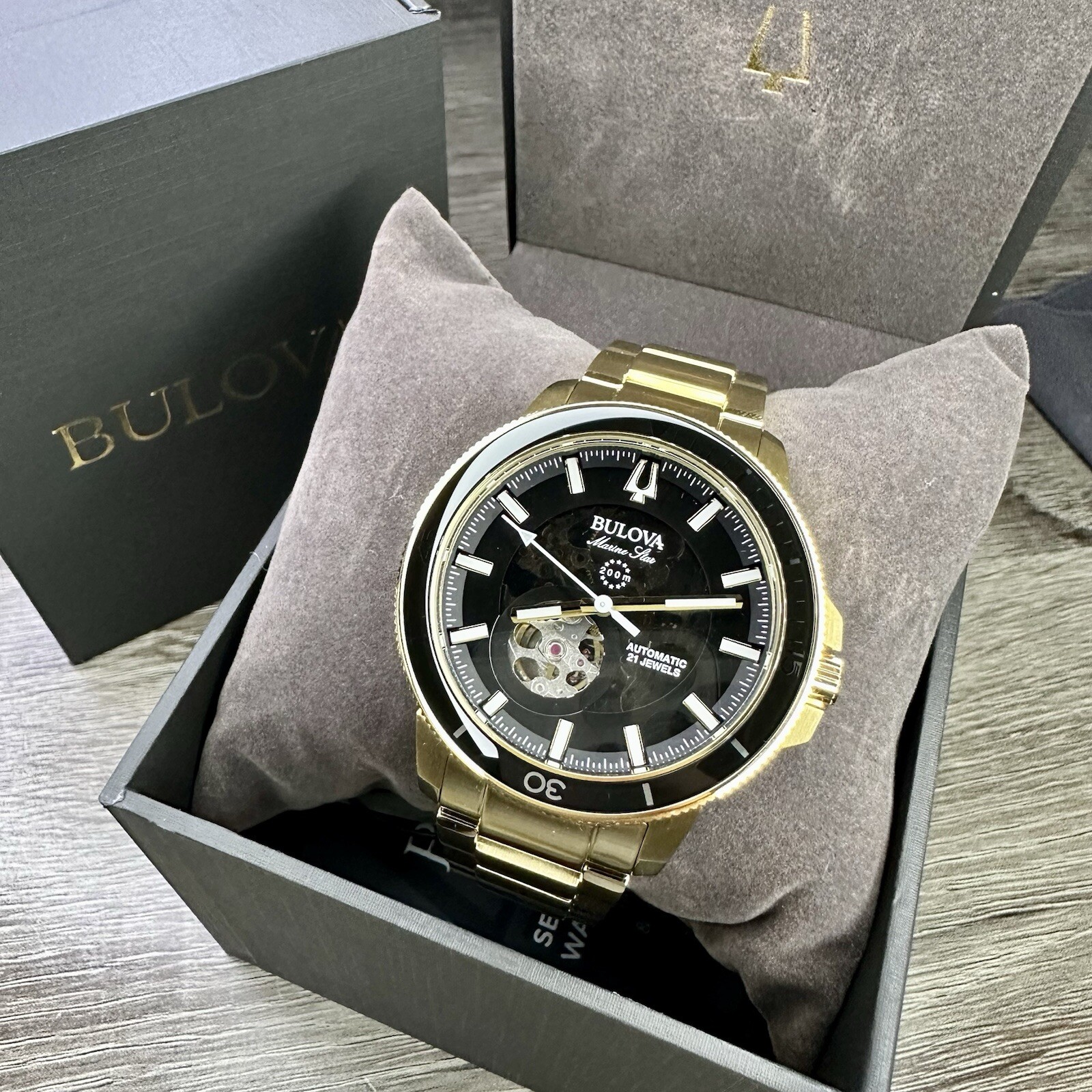 NEW✅AUTOMATIC✅ Bulova Marine Star Gold Tone Black Dial Skeleton Men Watch 97A174