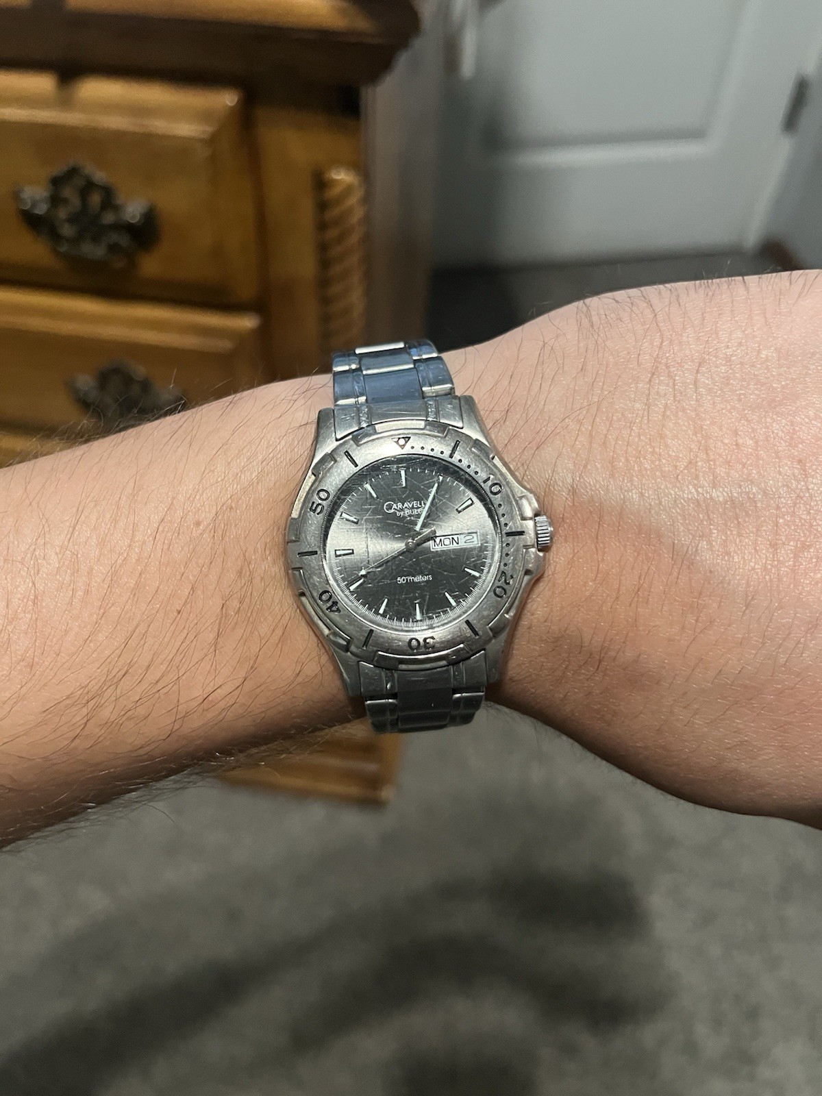 Caravelle Quartz Men’s Stainless Steel Silver Bracelet Watch Day/Date 50m