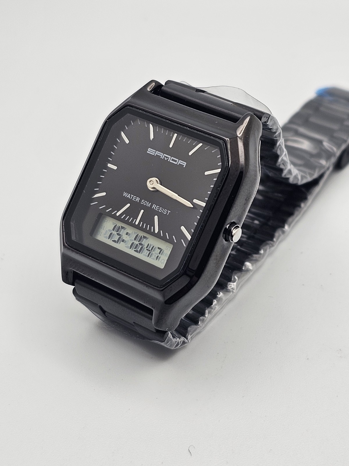 SANDA Classic Gloss Black Analog/Digital Green Backlight WR50M Men Stainless🔥👀