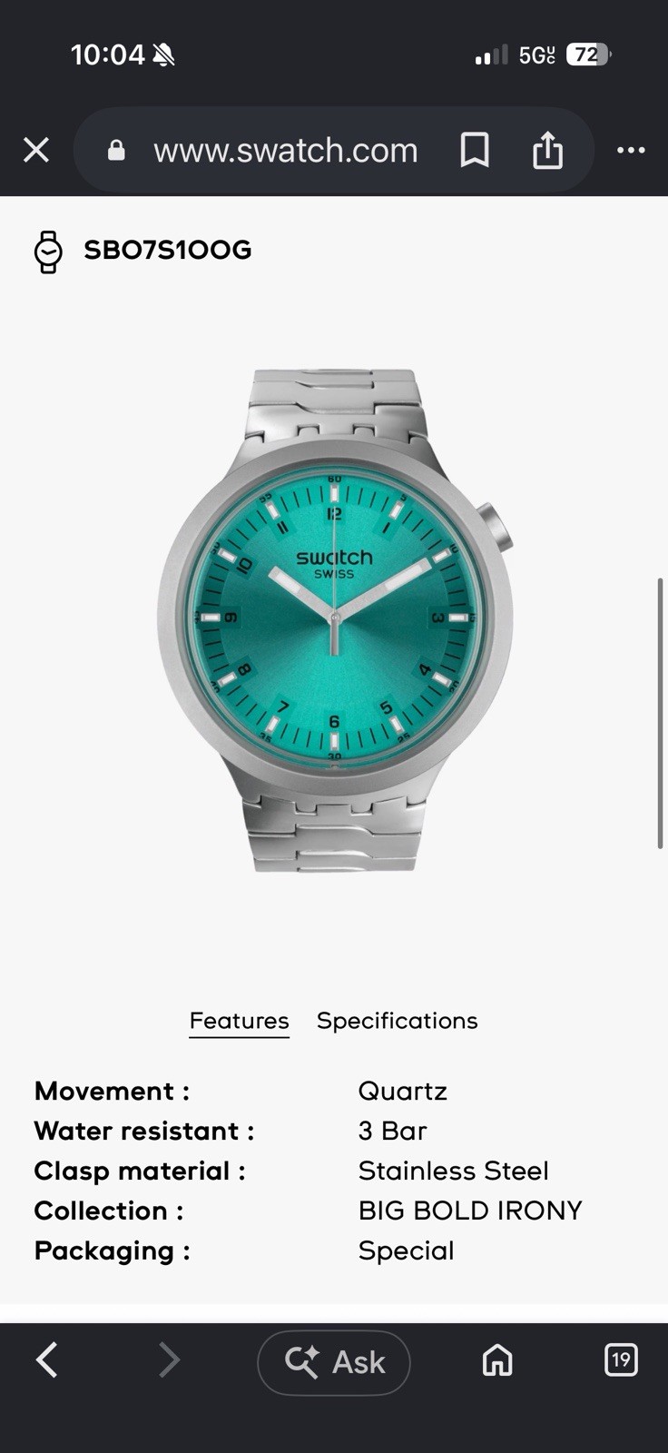 New Swatch Irony Big Bold AQUA SHIMMER Men Steel Watch 47mm SBO7S100G $230