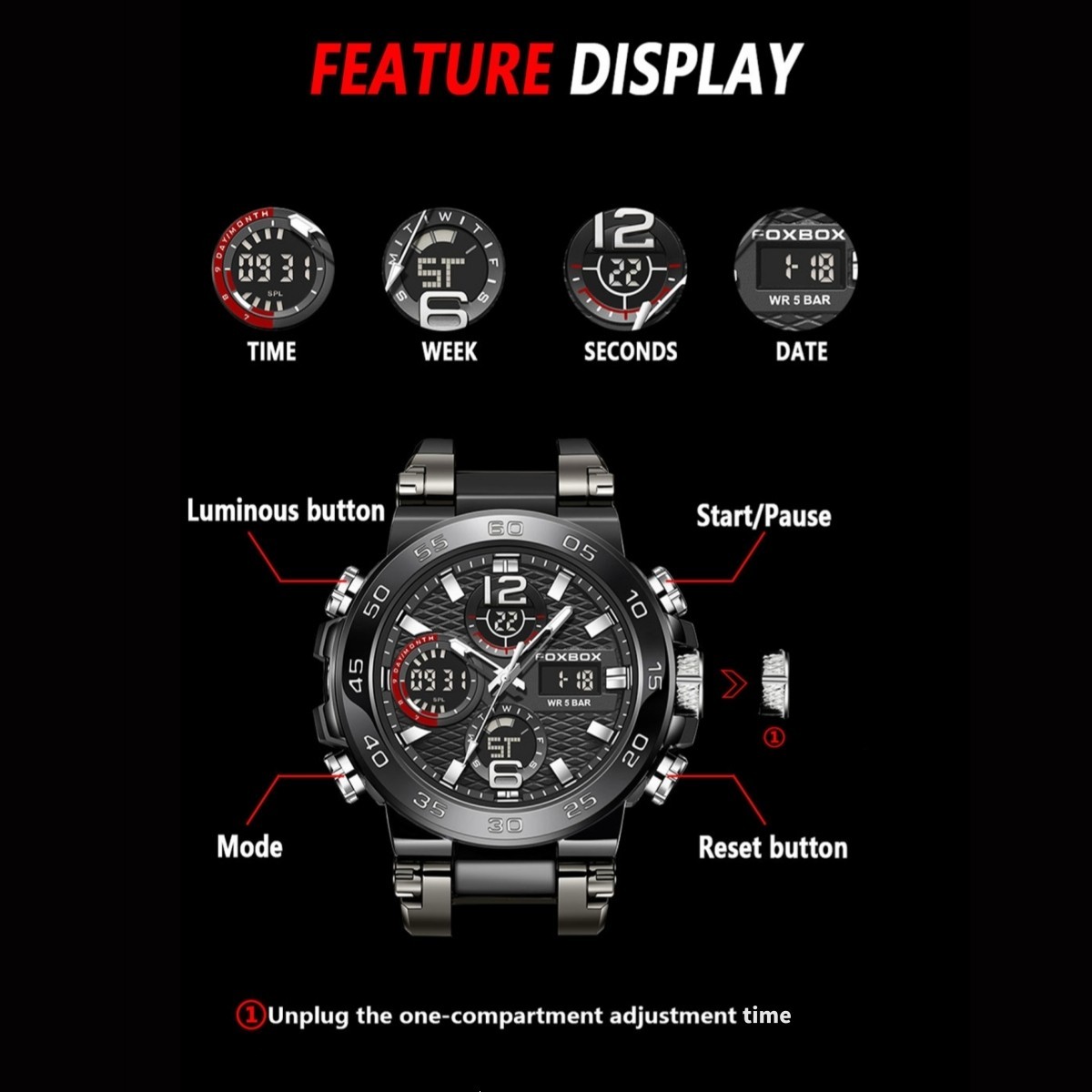 Men’s Watch Big Dial Quartz Digital Analog Luminous Waterproof Sports Wristwatch