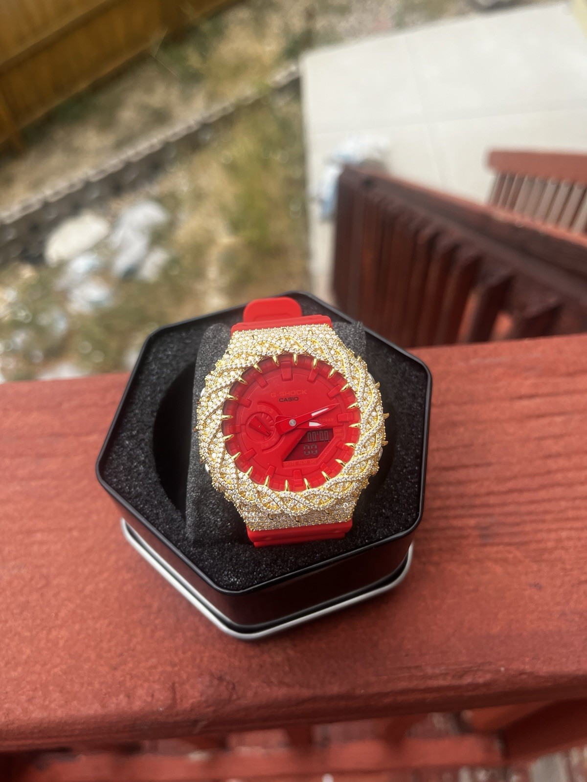 Casio G-SHOCK GA2100 Men’s Analog Watch – RED Gold D Color Iced Out Moissanite