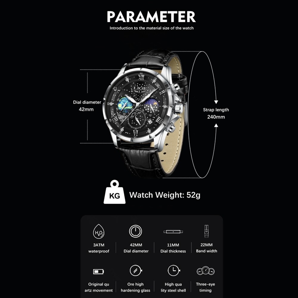Men Watch Chronograph Sport Watches Date Moonphase Male Leather Wristwatch Gift
