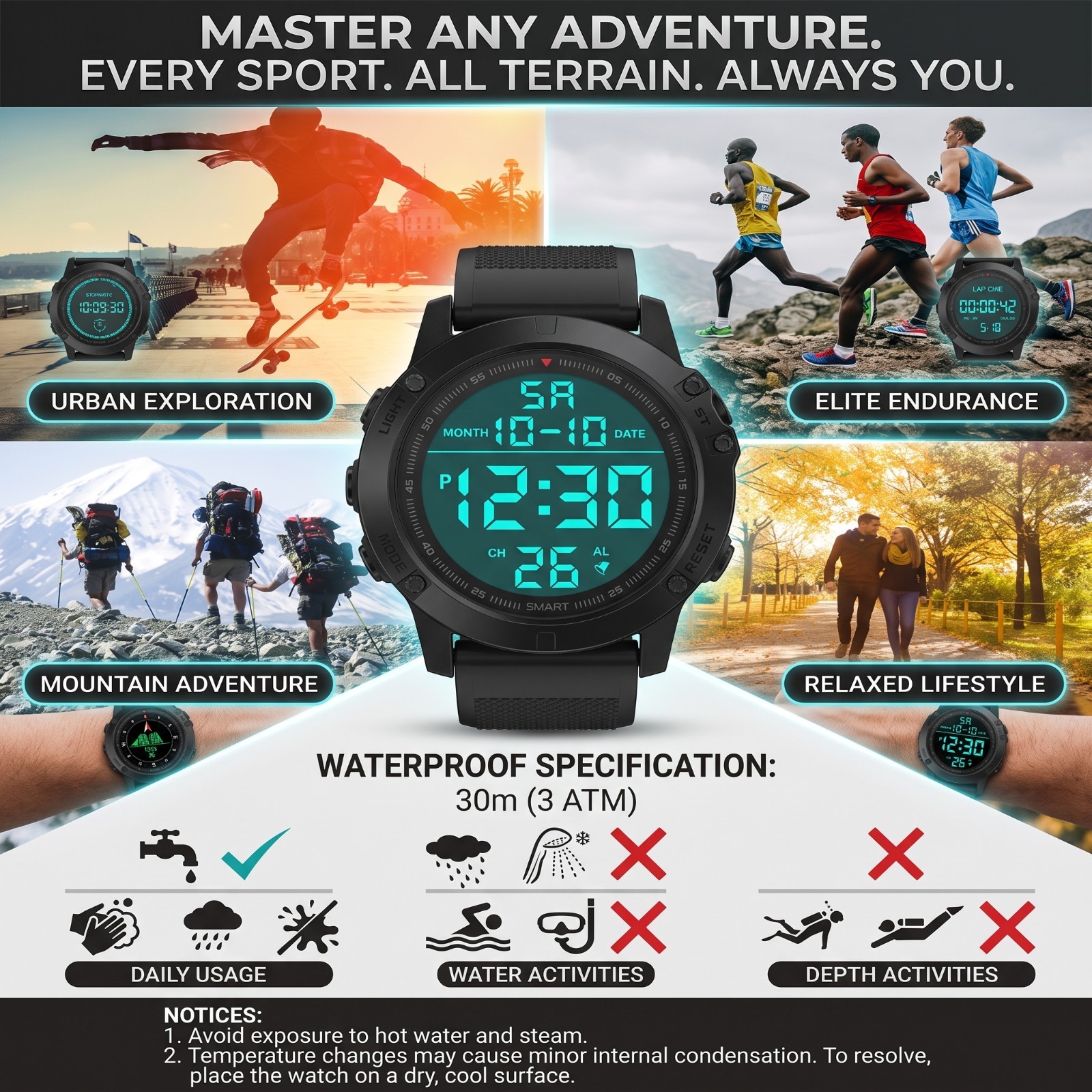 Waterproof Digital Sports Watch Military Tactical LED Backlight Wristwatch Men