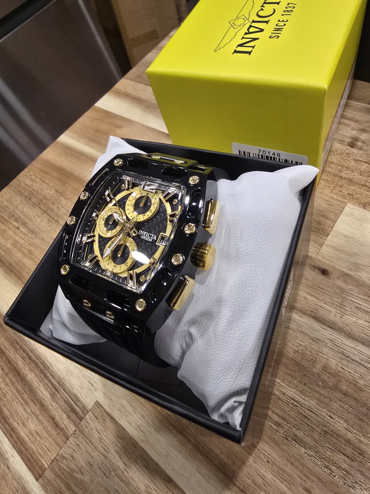 Invicta S1 Rally Men 42mm Black Tone Case Black/Gold Dial Black Band 70148 New