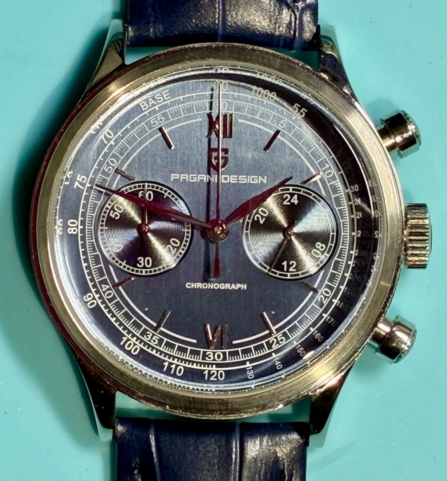 PAGANI DESIGN 40MM CHRONO VINTAGE STYLE BLUE BICOMPAX DIAL SEIKO VK64 QUARTZ