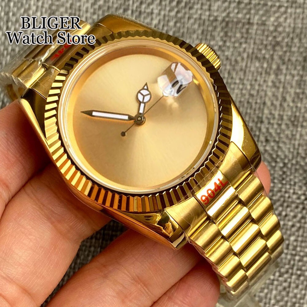 NEW 39mm NH35A Automatic Watch Sterile Gold Dial Presidential Bracelet 2023