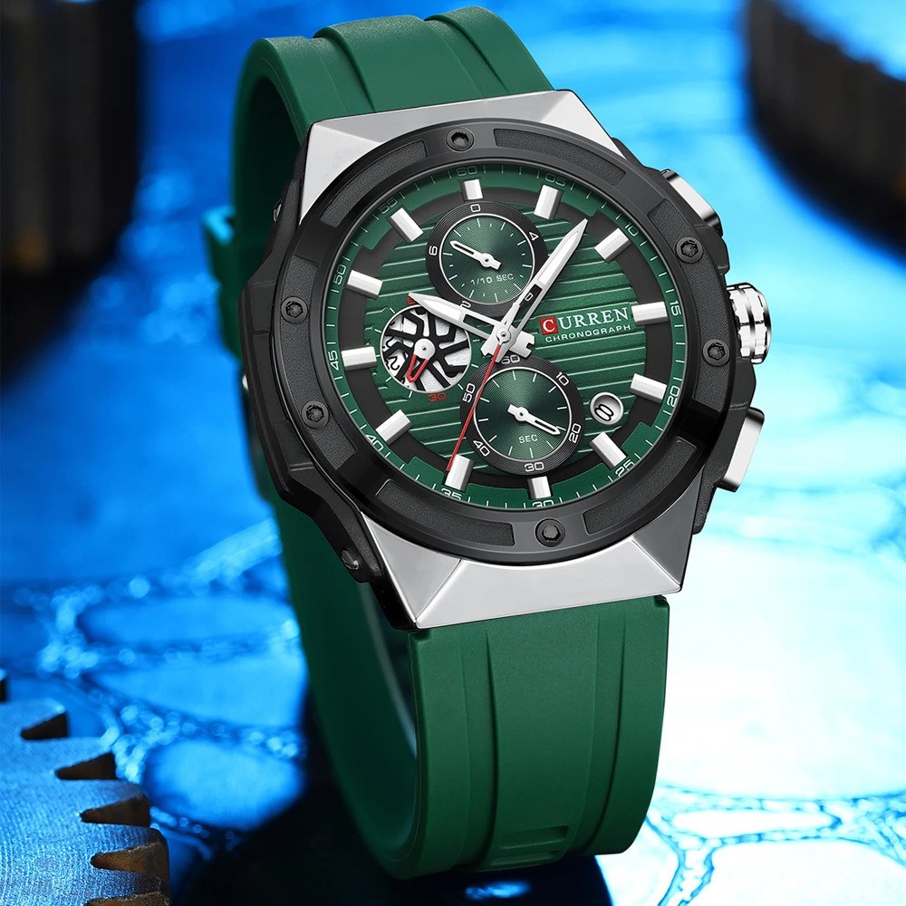 CURREN Men Sport Watch Chronograph Quartz Large Dial Silicone Strap Waterproof