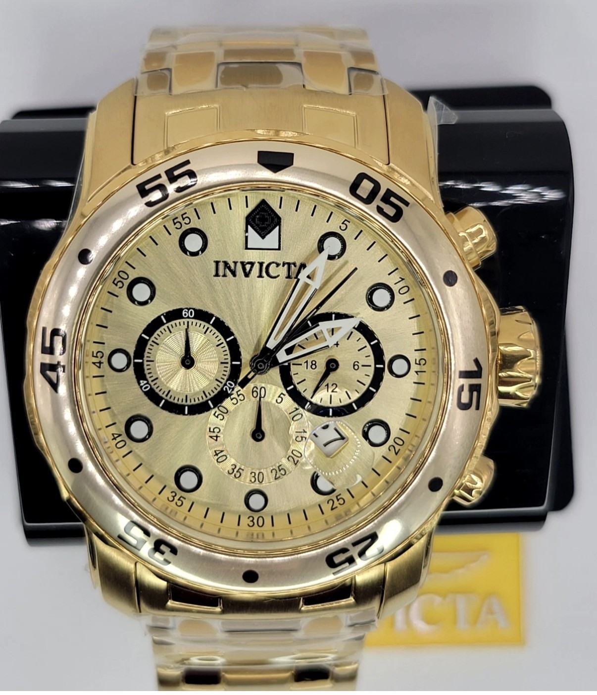 NEW Invicta 48mm Men’s PRO DIVER Scuba Chronograph Gold Dial Gold Tone SS Watch