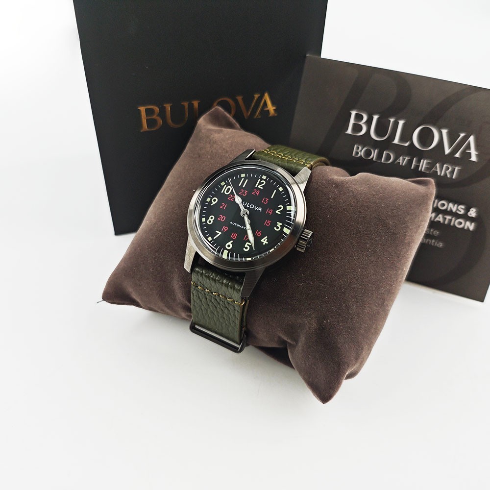 Bulova Hack 98A255 Black Dial Green Leather Strap Automatic Men’s 38MM Watch NEW