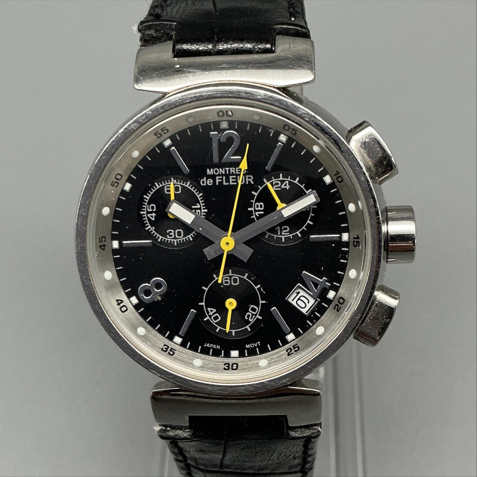 Montres De Fleur Womens Watch 31mm Black Chronograph Date Leather New Battery