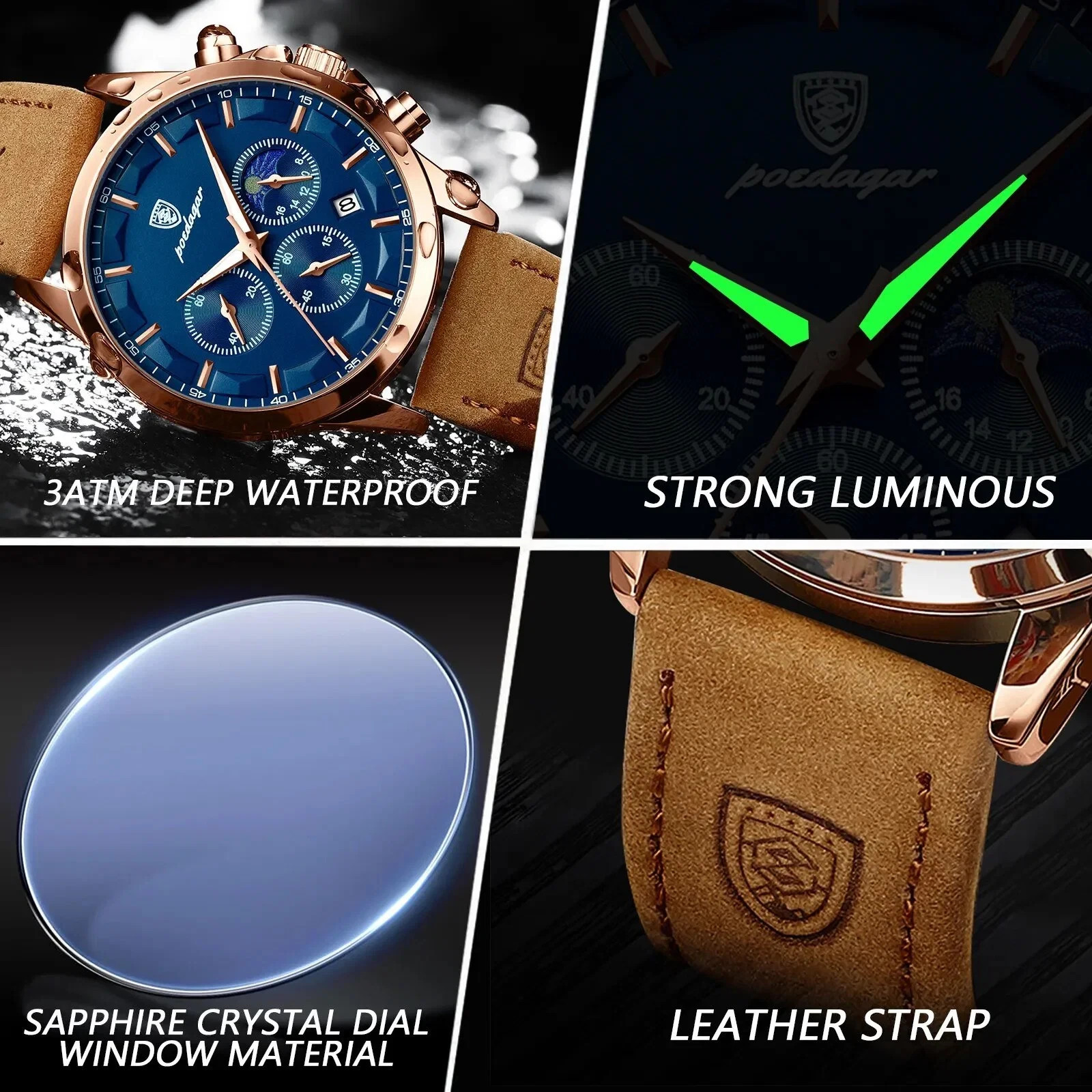 Reloj de lujo para hombre POEDAGAR, cuarzo, resistente al agua, luminoso, con fe