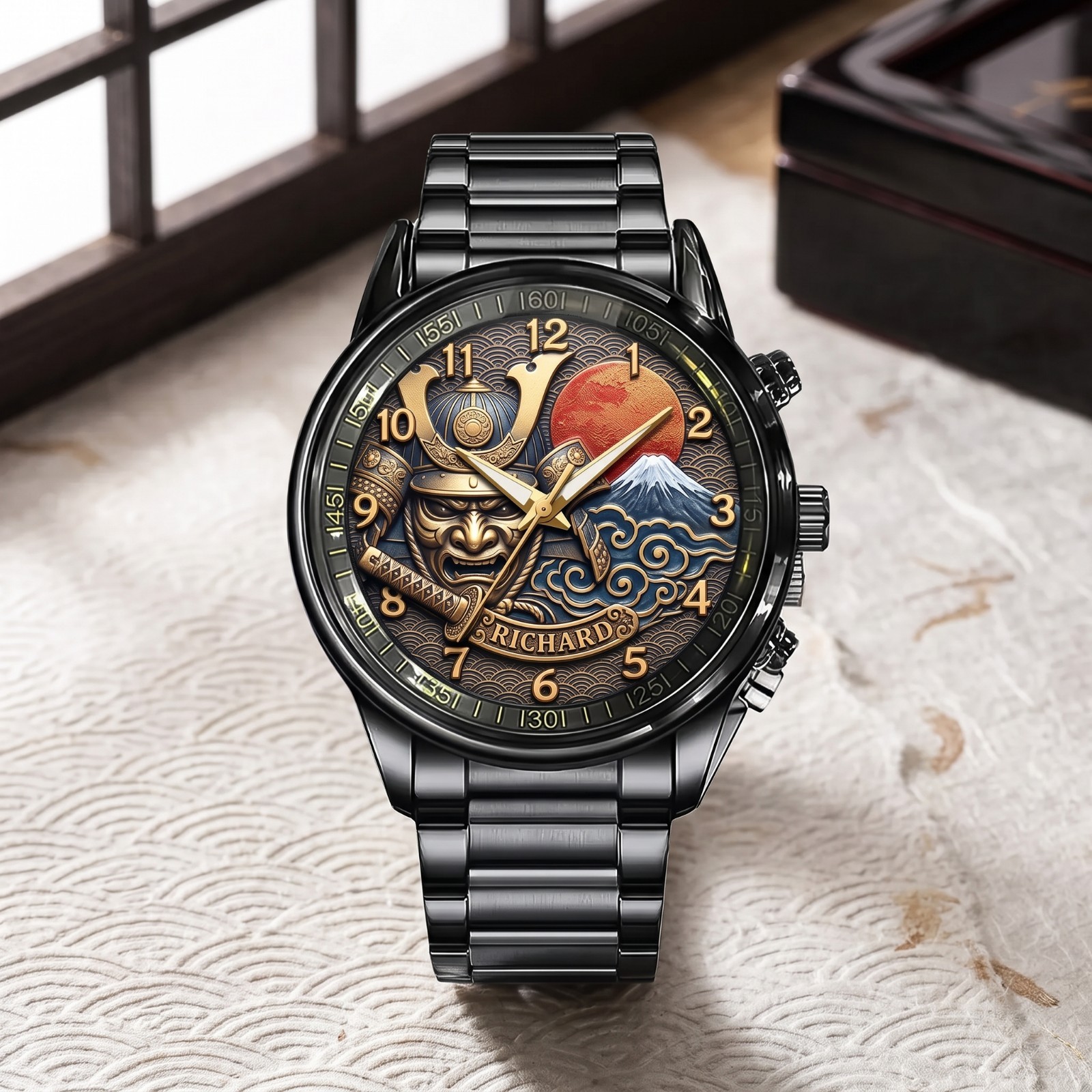 Personalized Japanese Samurai Design Watch – Custom Name Engraved Timepiece