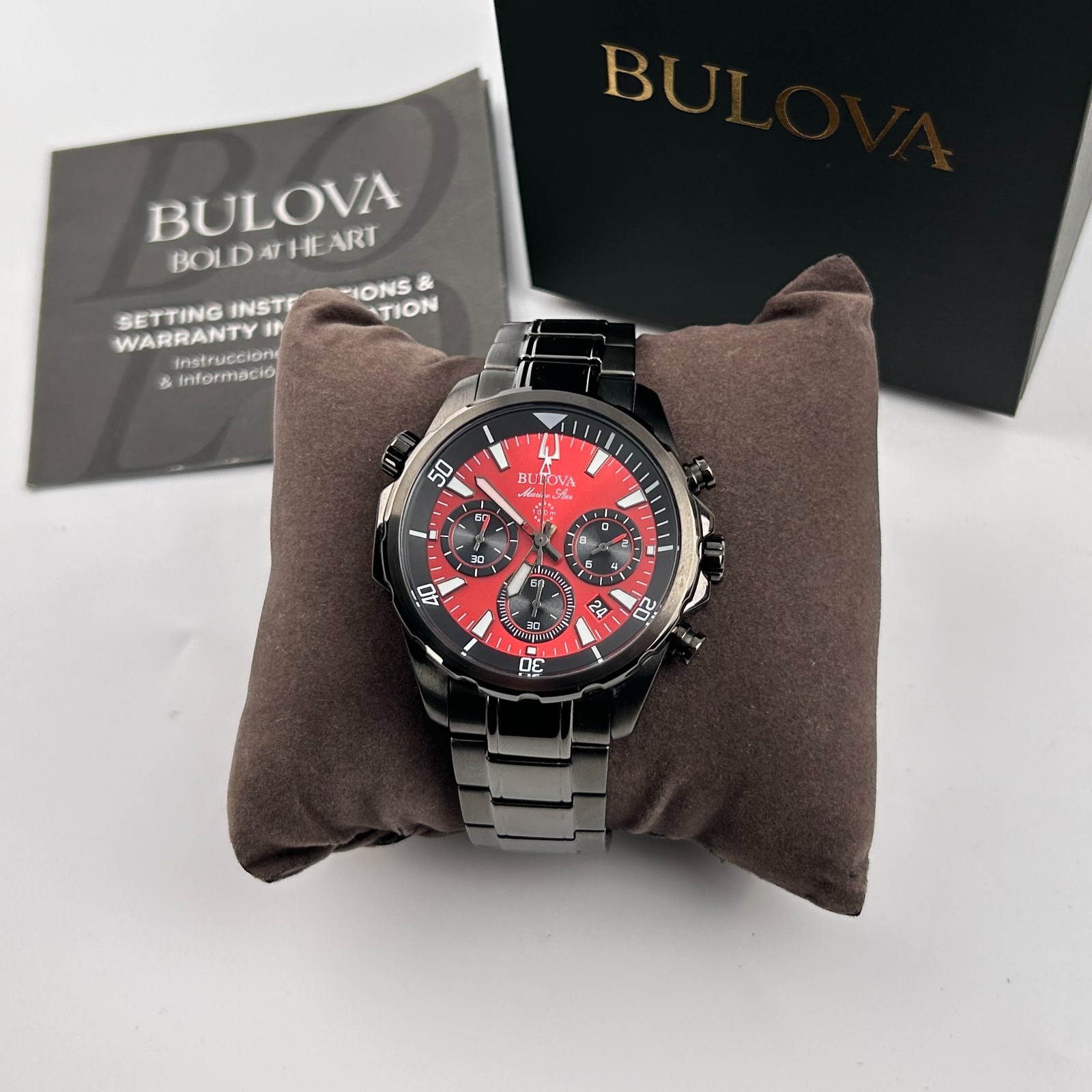 Bulova Marine Star 98B350 Red Dial Chronograph Men’s Quartz Watch 43MM New/Box