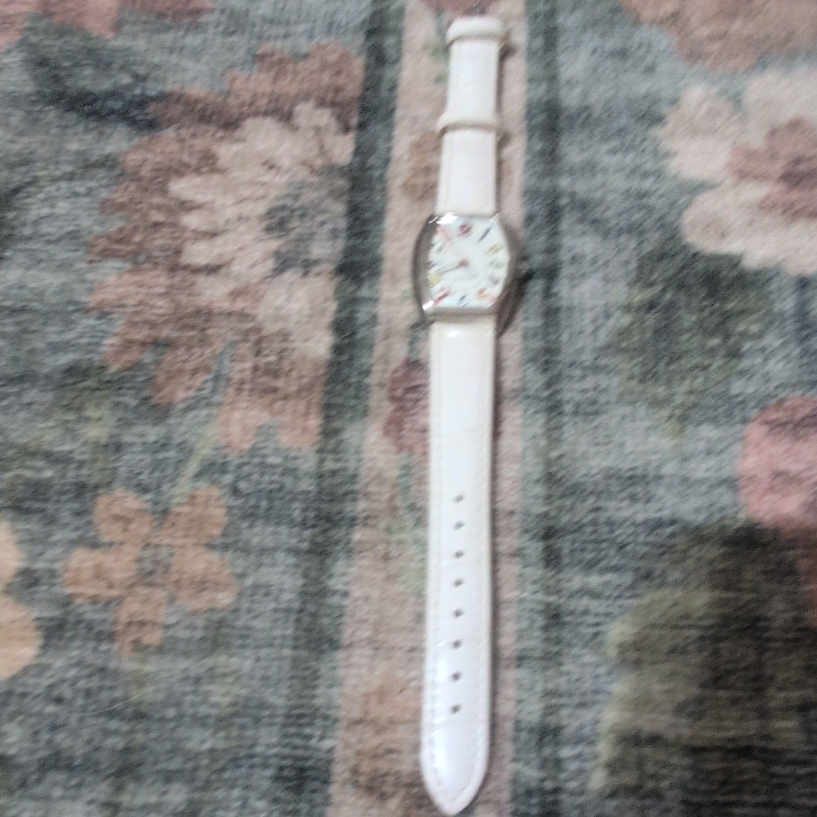 Womens Quartz Analog Tonneau Watch Silver Tone White Leather Strap Multicolor