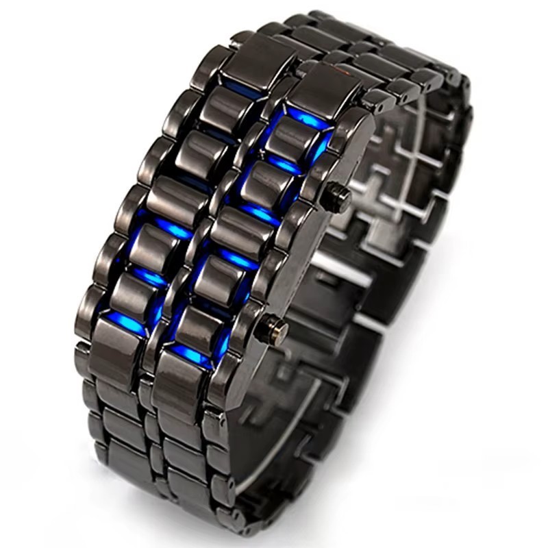 LED Digital Watch, Black & Blue Stainless Steel Lava Style, Samurai Bracelet
