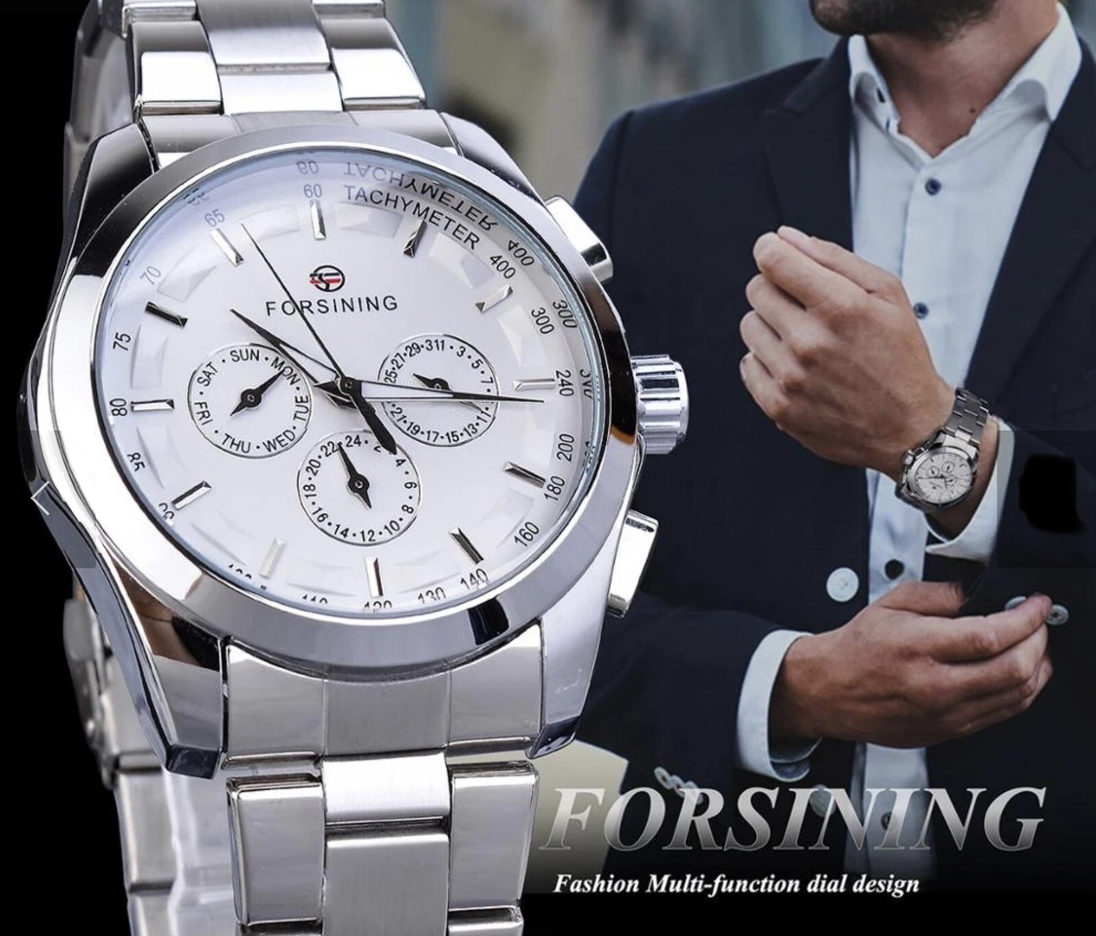 Forsining Mens BIG 45mm Luxury Watch Genuine Leather Band. Great Gift Idea.