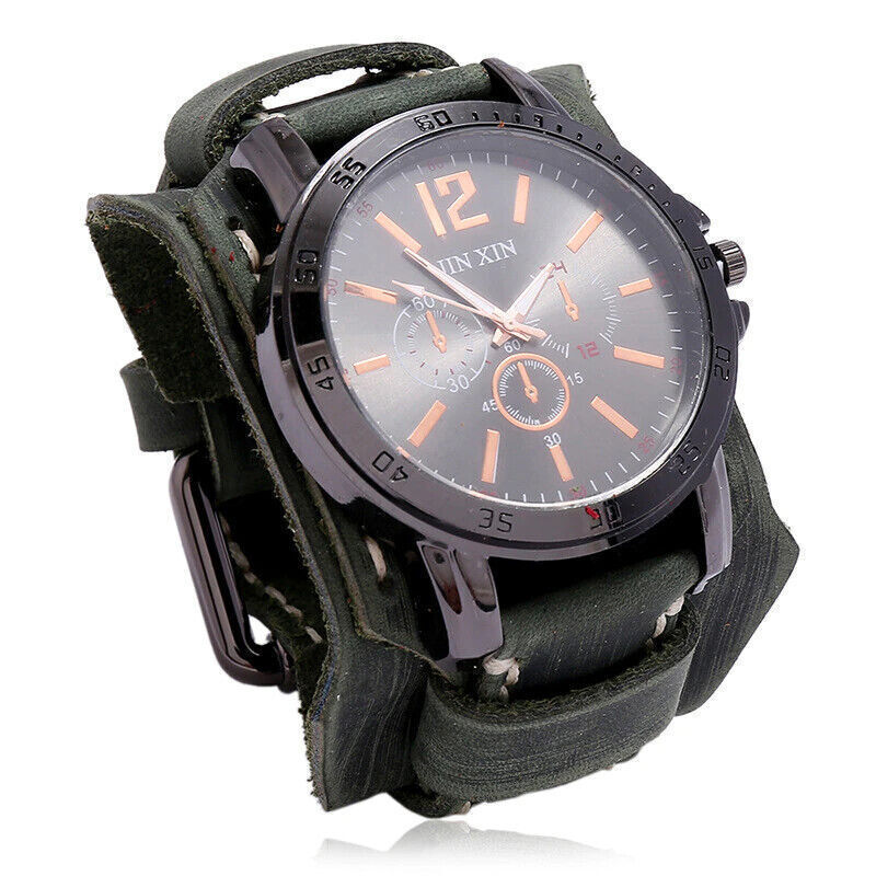 1Pcs Wide Leather Watch Cuff Band Brown Wrist Black Strap Punk Retro Quartz Mens