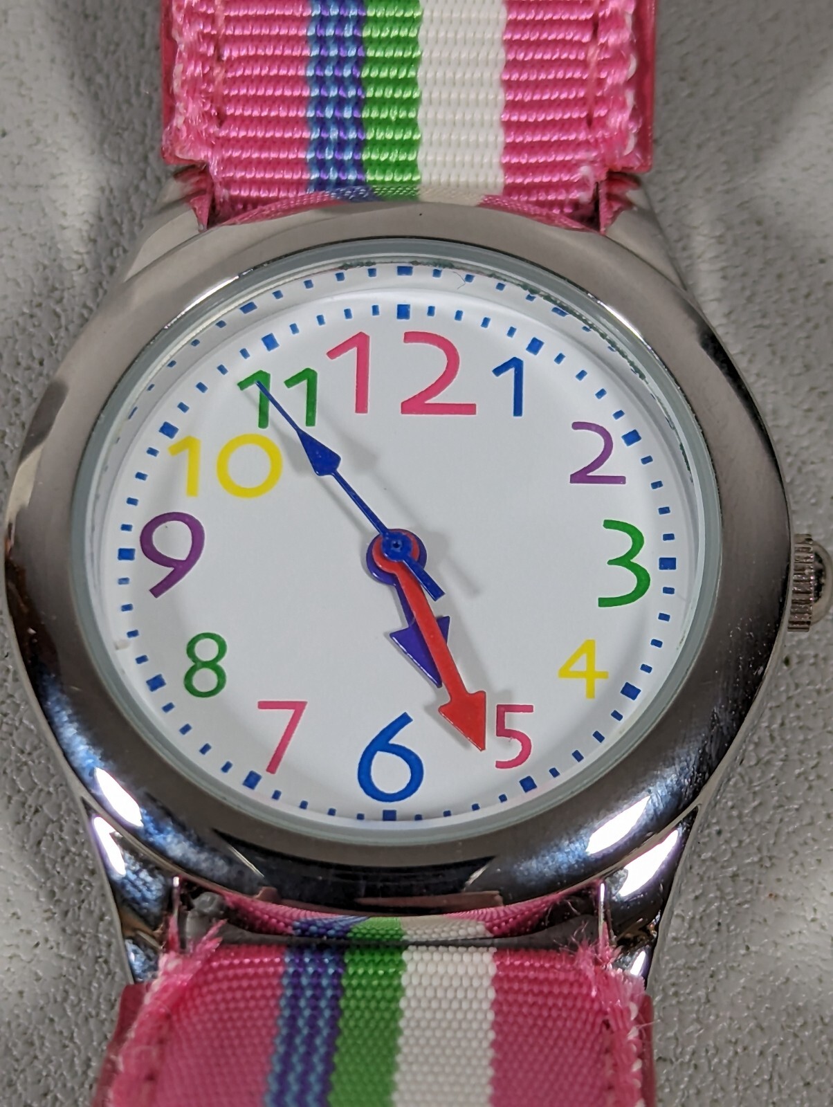 White Dial Round Silver Tone Case Pink White Green Blue Canvas Band Watch