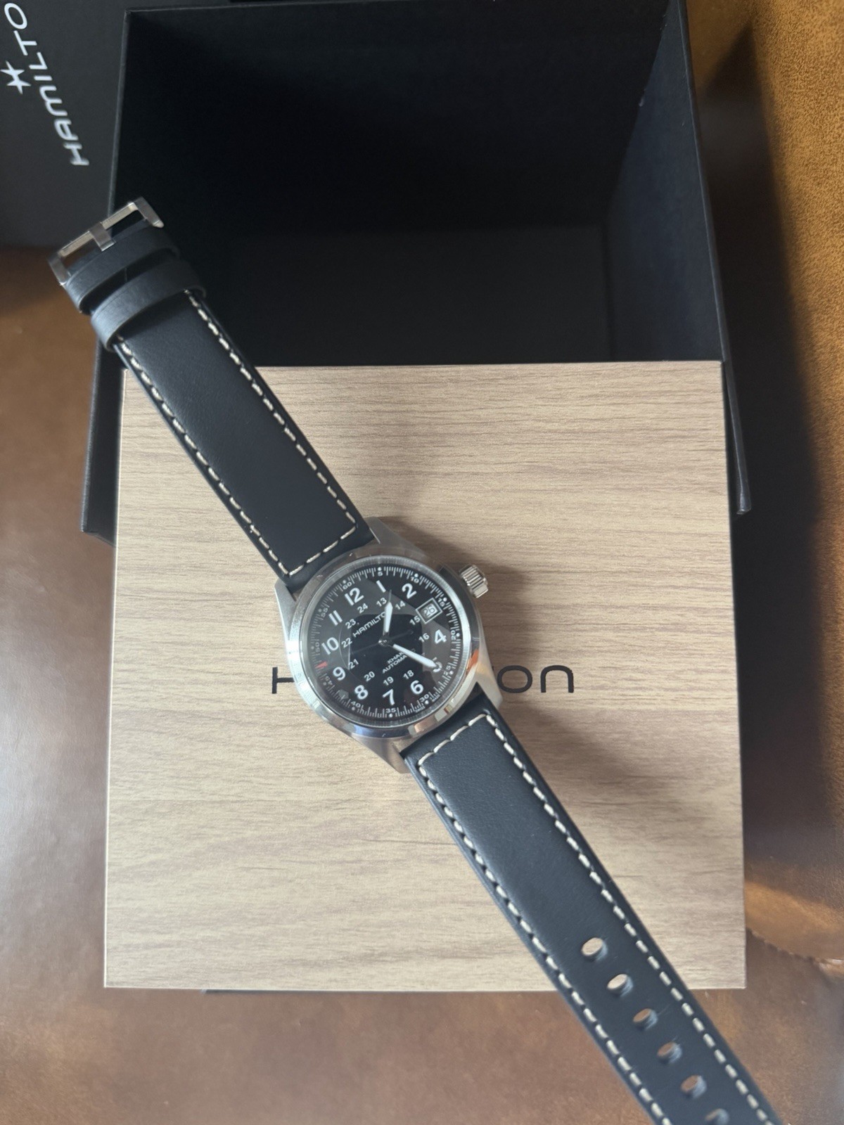 Hamilton Khaki Field Auto 38mm Black Dial Leather Strap 100m Box Papers