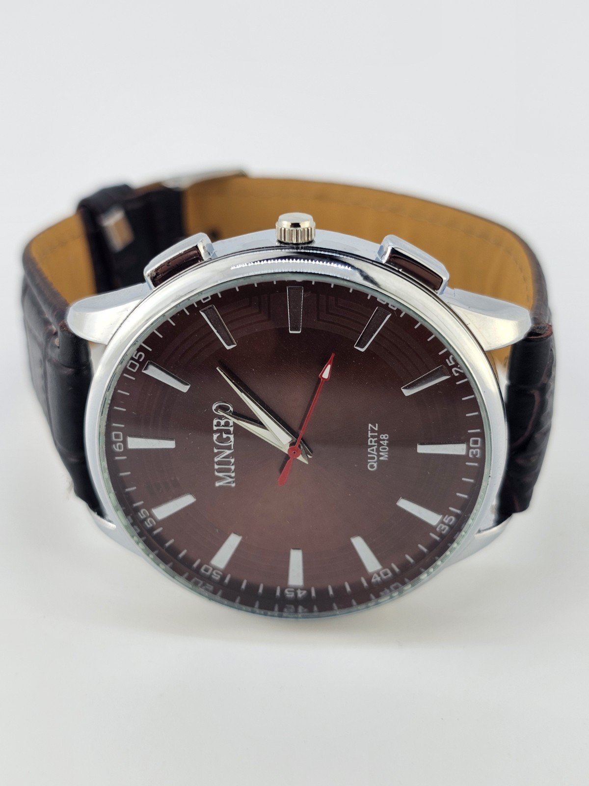 Men’s Analog Watch 45MM Brown Dial Dark Brown Faux Leather Bands New Battery