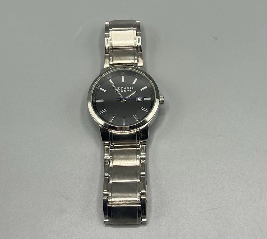 Mens Azzaro Chrome Black Dial Round Silver Tone 45 mm Stainless Steel Band Watch