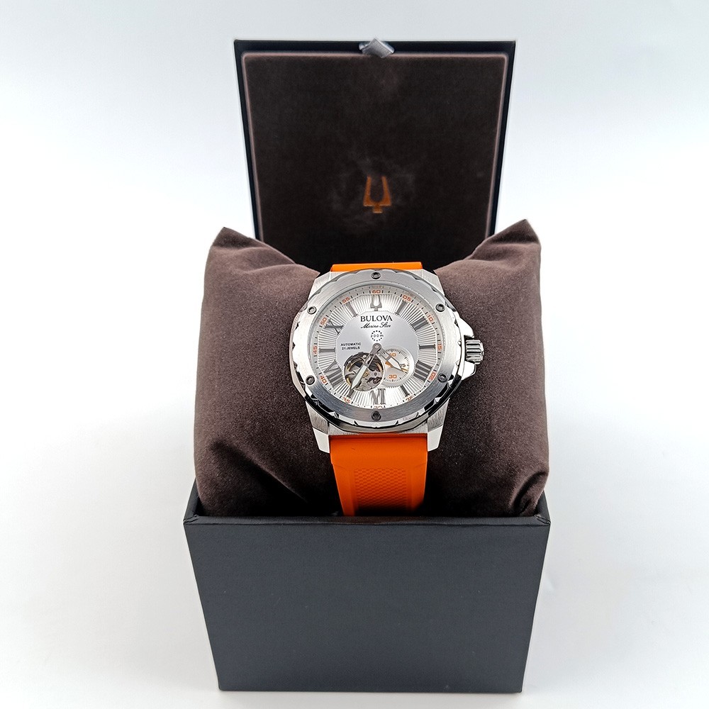 Bulova Marine Star 98A226 Silver Dial Orange Rubber Strap Automatic Men’s Watch