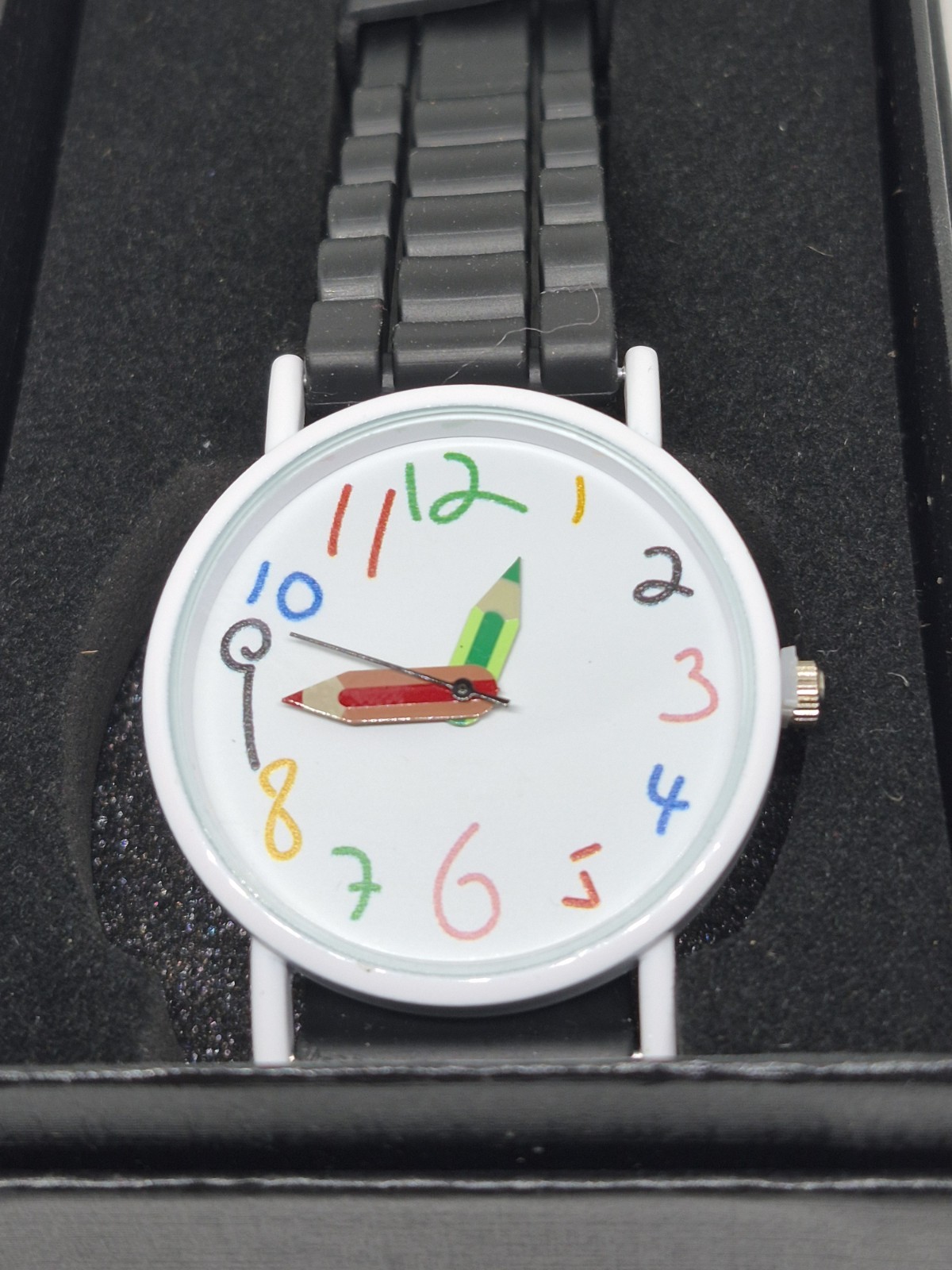 Analog Wristwatch White/Multicolor Arabic Numeral Dial Black Band Box