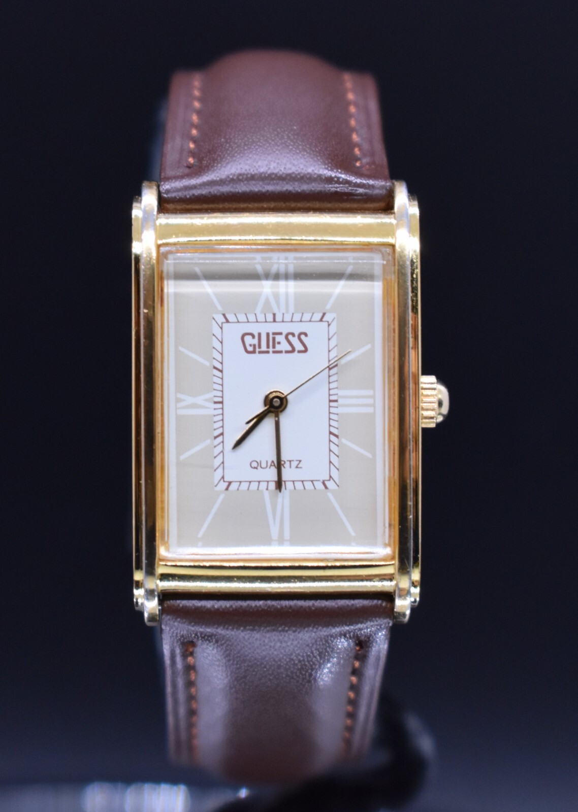Vtg GUESS 1987 Tank Roman Numeral Watch Men Leather 80’s NEW BATTERY & BAND