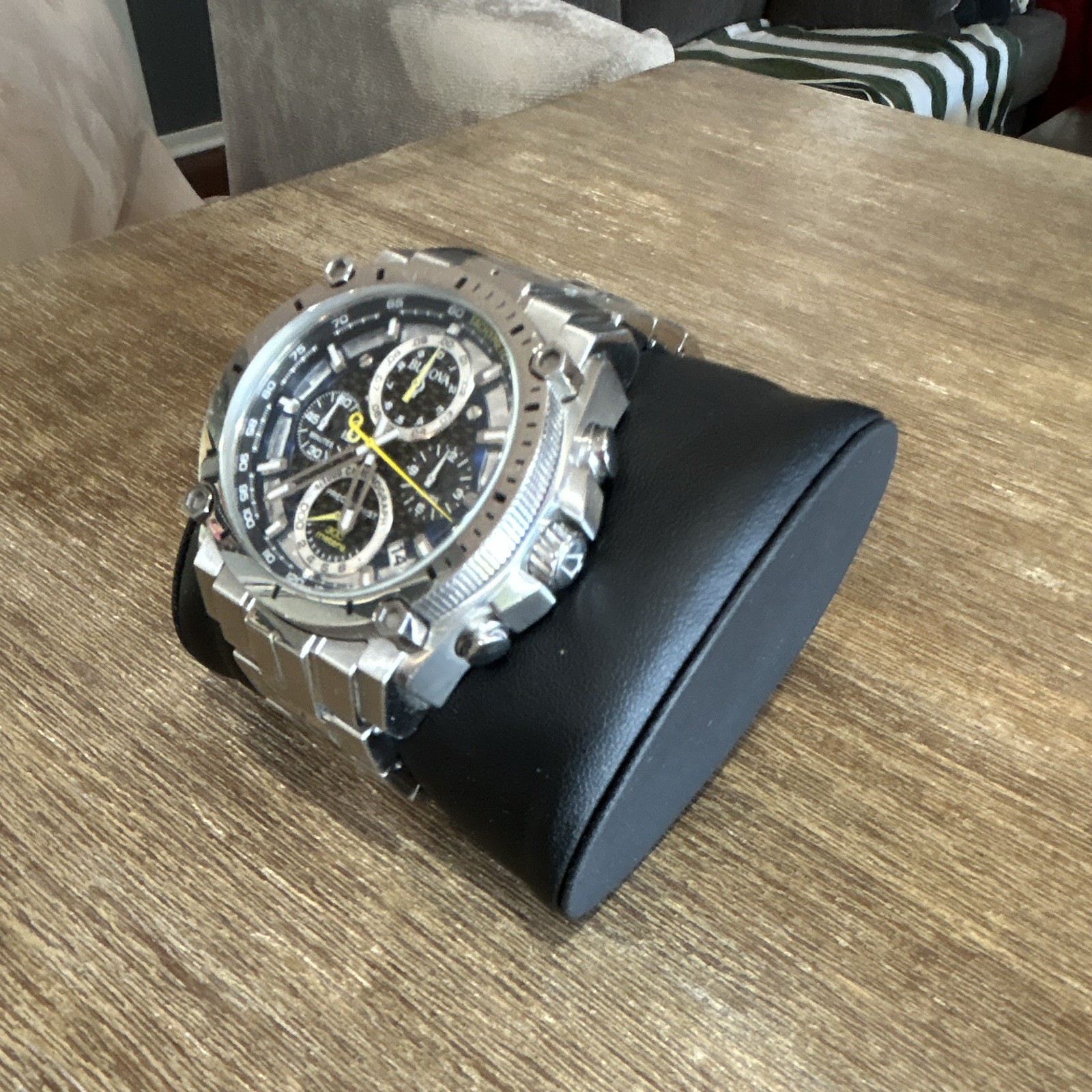 Bulova Precisionist Chronograph Tachymeter Quartz 44mm Black Dial SS 100m
