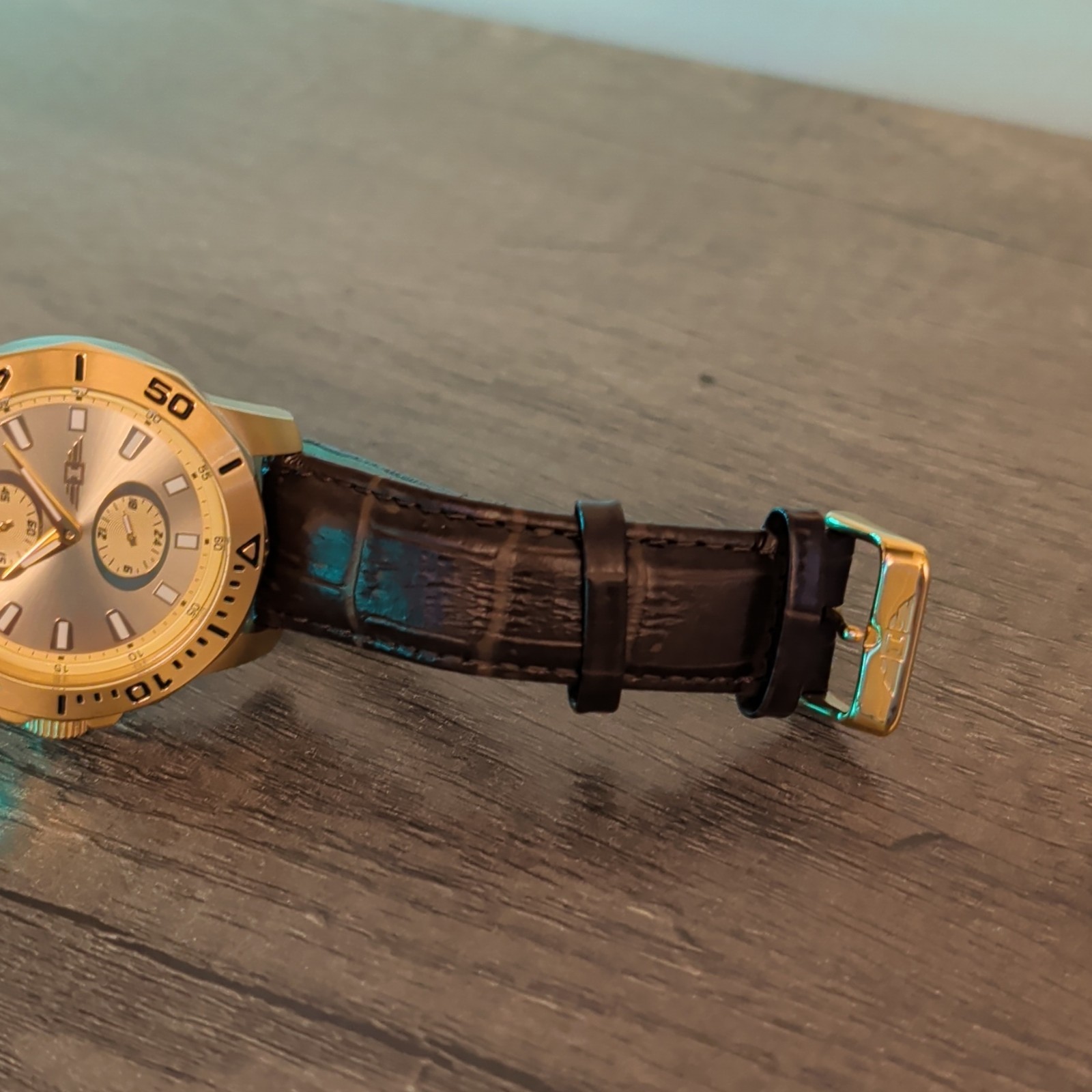 Invicta Quartz 46mm Gold Tone Stainless Case Silver Dial Brown Leather 100m