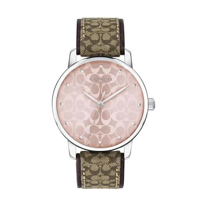 COACH GRAND SILVER,BROWN BEIGE CANVAS LEATHER BAND,PINK DIAL WATCH 14503404