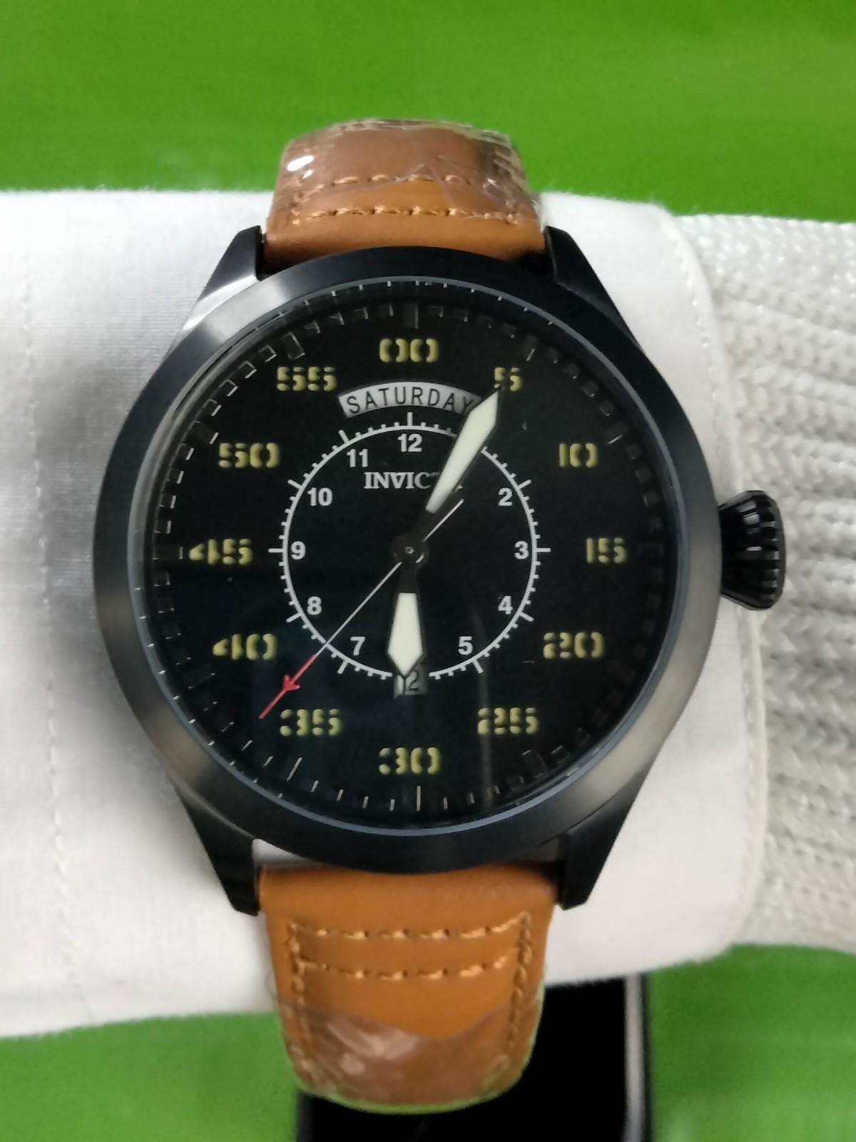 Invicta Aviator 22974 Men Black Case & Dial Tan Leather Strap Quartz Watch 45 mm