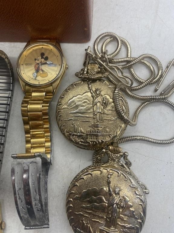 Vintage grouping of 13 wrist and pocket watches plus box, none tested, need TLC
