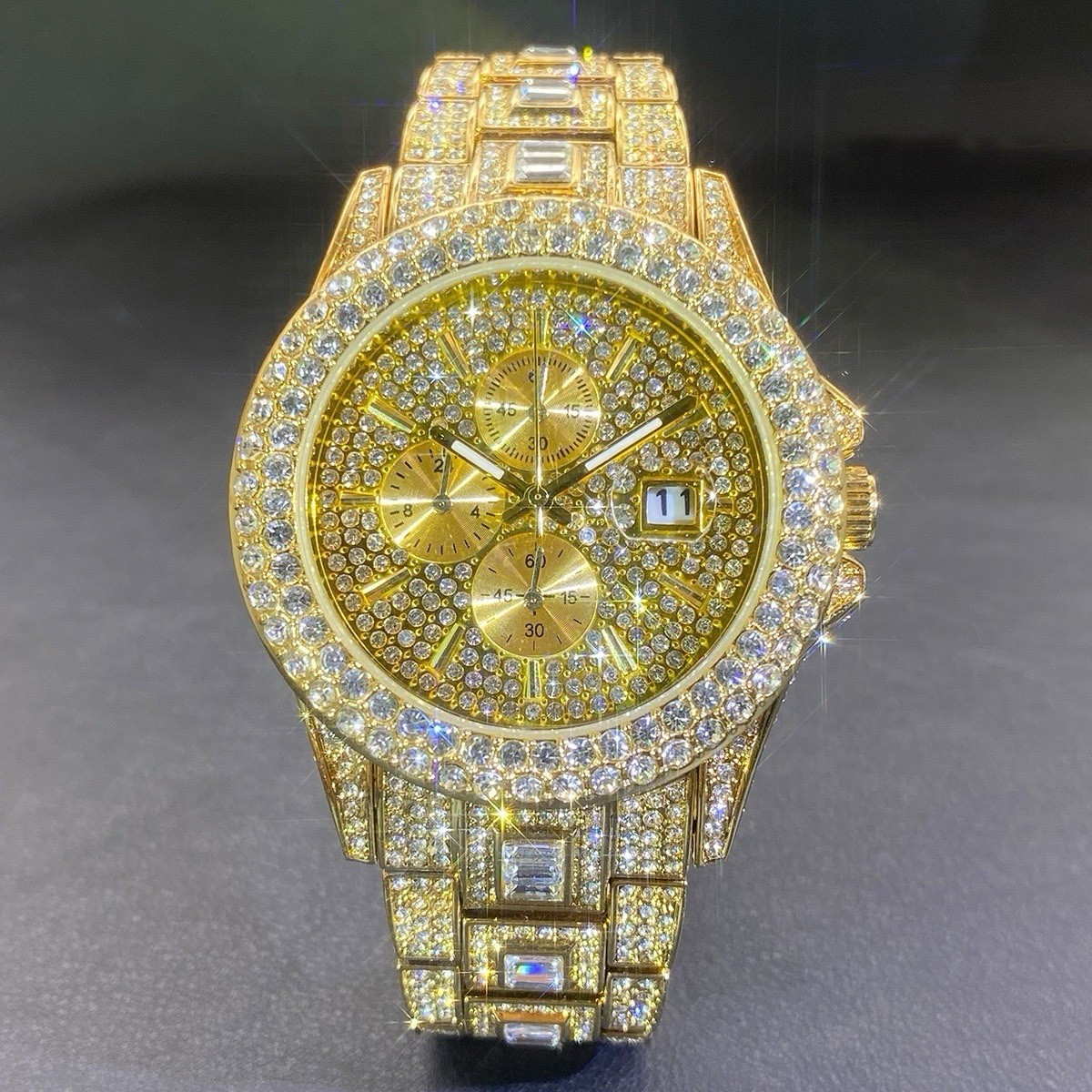 Luxury Iced Out Quartz Watch – Silver & Gold CZ Diamond Hip Hop Timepiece