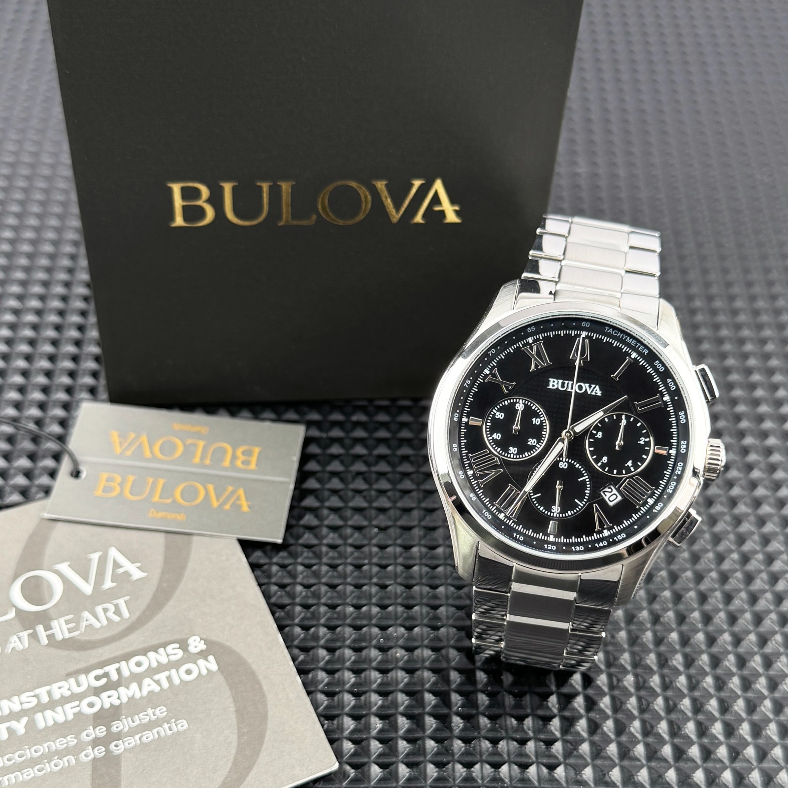 Bulova Wilton Classic Chronograph Black Dial 96B288 Silver Men’s Watch 46.5mm