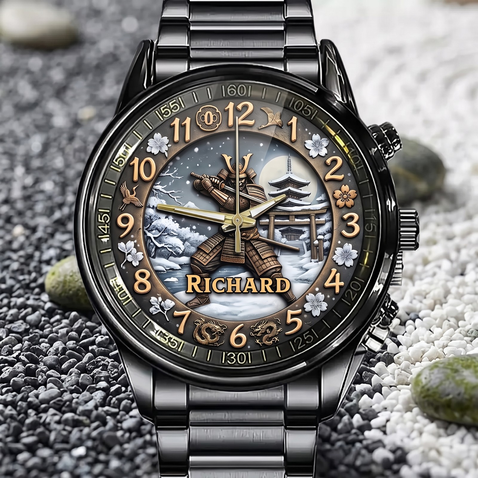 Personalized Japanese Samurai Design Watch – Custom Name Engraved Timepiece