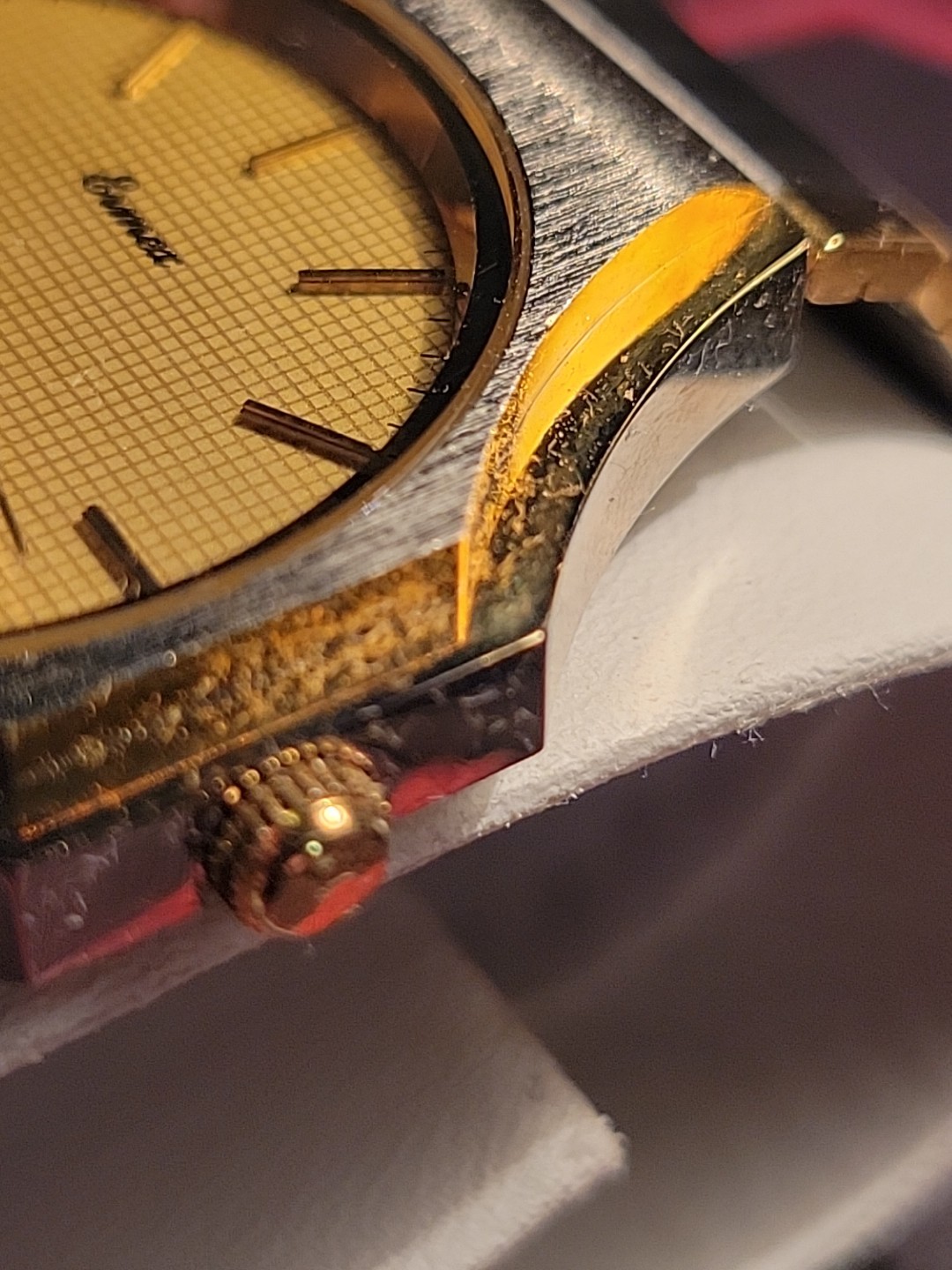 Ermex Watch 1986 NOS Gold Toned Circular Square Brushed Silver Works Mint Aristo