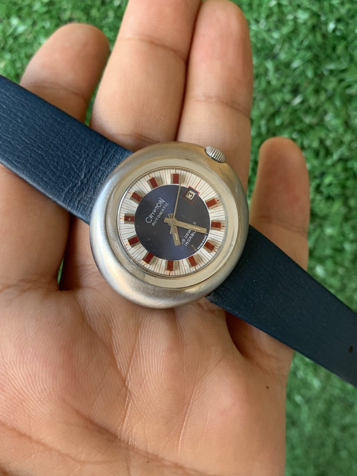 Crypton Automatic Mechanical Watch 25 Jewels Date Blue 37mm 1970s Vintage Red