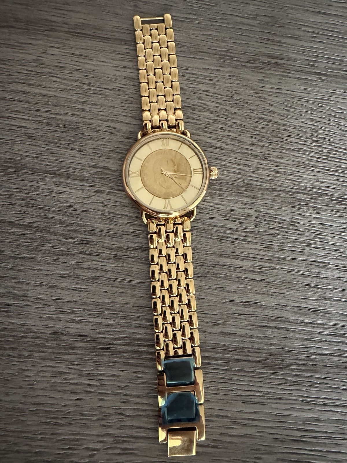 Bellezza Lira Coin Link Bracelet Watch with Goldtone Face. Needs New Battery