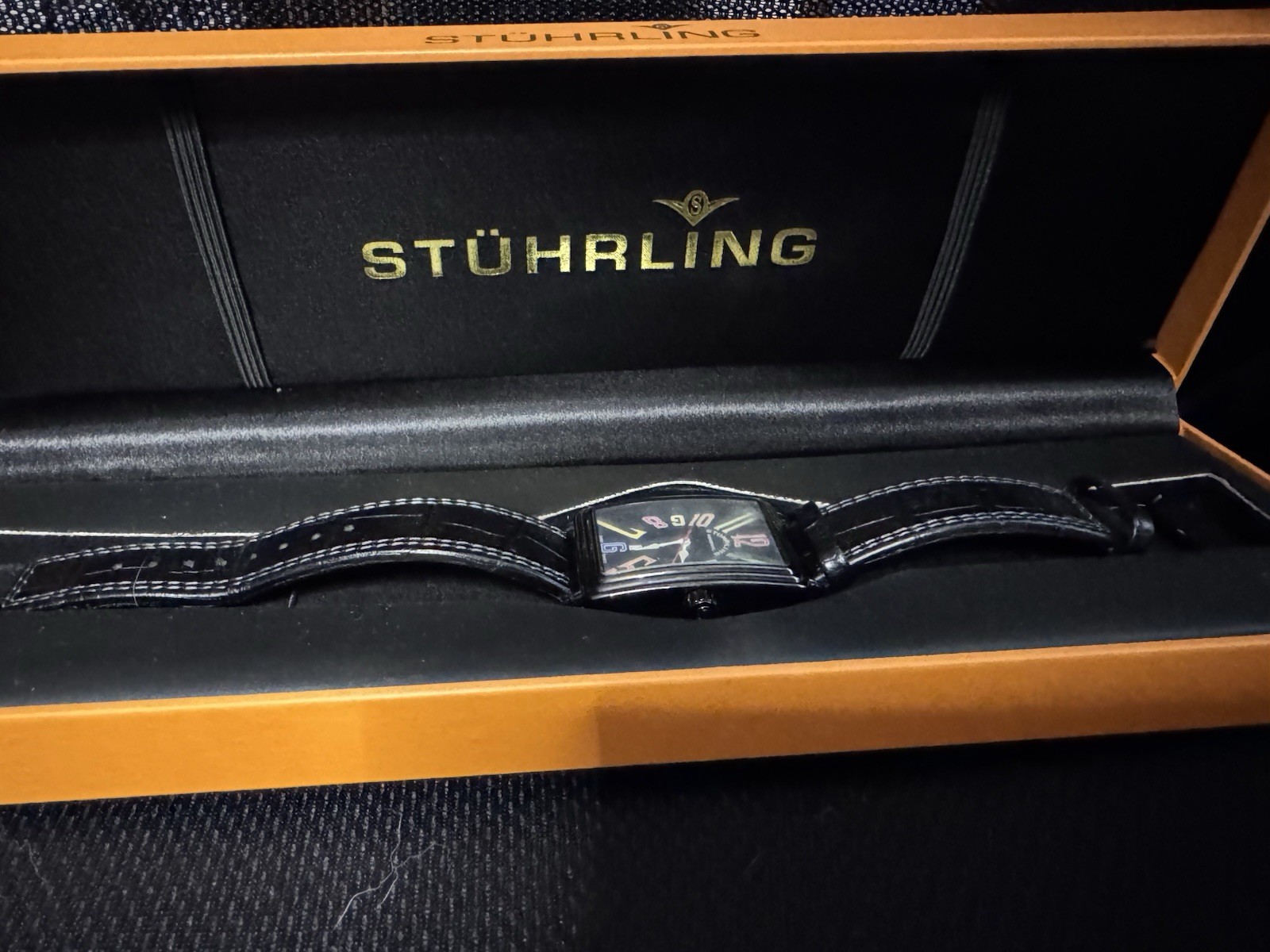 Stührling Original Multicolor Numerals Black Leather Quartz Wristwatch Date