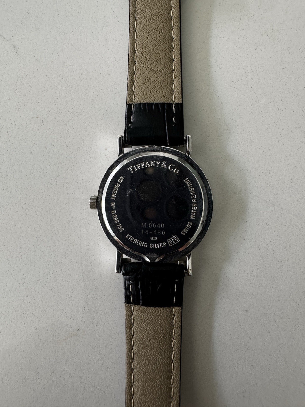 Tiffany & Co. Atlas Swiss Made M0640 Quartz Sterling Silver Watch Black Leather