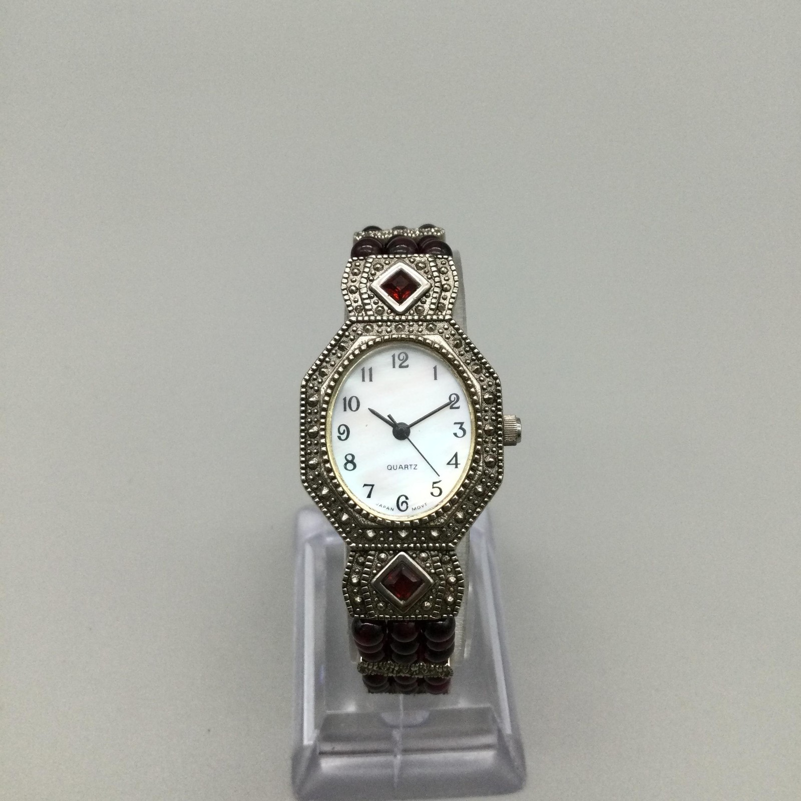 Avon Womens Watch 23mm Marcasite Red Bead Bracelet Silver Tone New Battery 6.5″