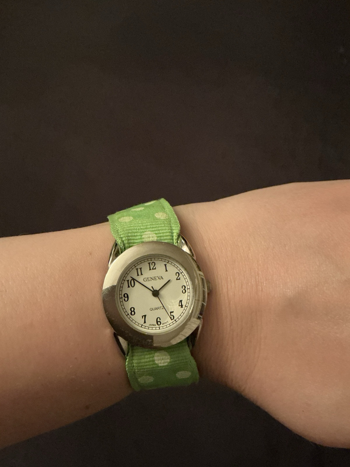 Geneva Silver Tone Vintage Watch Green And White Polka Dot Strap New Battery
