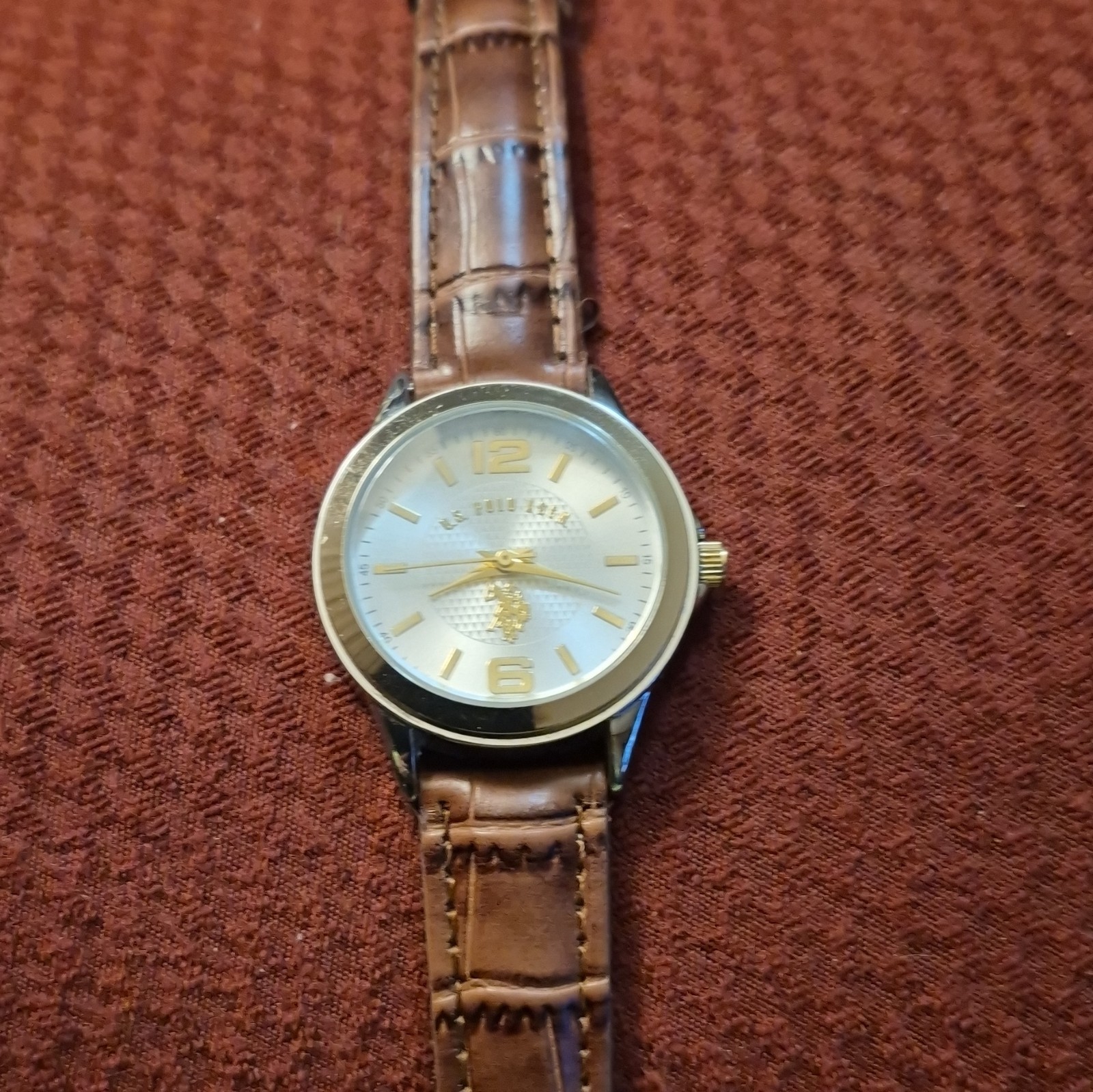 U.S. Polo Assn. Quartz Analog Watch Brown Leather Strap Silver Case 40-43.9mm